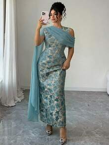 Elenzga Đầm maxi nữ bán chạy nhất, chất liệu vải jacquard vàng có họa tiết, kiểu dáng thanh lịch với khăn choàng chiffon, phù hợp cho các bữa tiệc, hẹn hò, mua sắm và nhiều dịp khác trong mùa xuân/hè. - Màu xanh lam - Xem 7