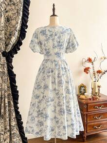 Vintamour Vintage French Classic Elegant Women's Dress, Spring/Summer Fitted Floral Collar White Short Sleeve Flared For Women Ruffle Vacation - Blue and White - View 2