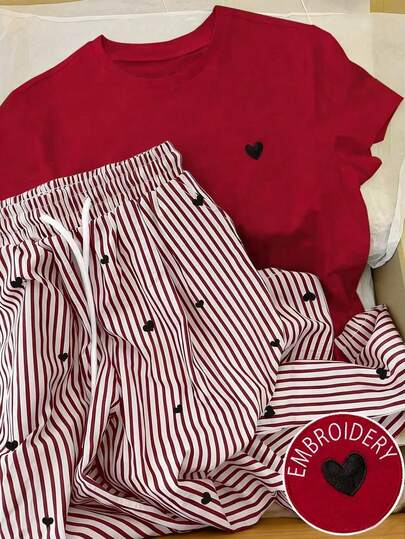 SHEIN Teen Girl Spring/Summer Casual Vacation Commute Heart Print Short Sleeve T-Shirt And Striped Drawstring Waist Wide Leg Pants Set