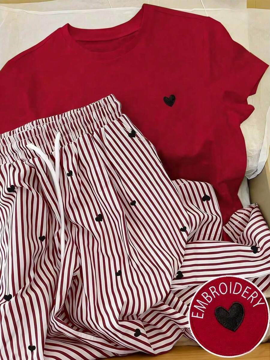 SHEIN 少女春夏休闲度假通勤爱心印花短袖T恤和条纹抽绳阔腿裤套装 - 紅色 - 查看 1