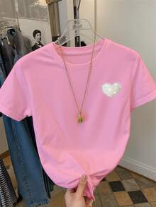 Resyla Women's Short Sleeve Round Neck T-Shirt With Shiny Heart Rhinestone And Beaded Embellishment - Pink - View 3