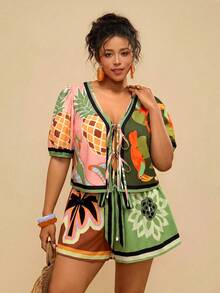 Travachic Plus Size Women Summer Plaid & Print Shorts Set, Front Tie Bow Blouse And Shorts Comfortable 2-Piece Outfit - Army Green - View 5