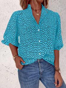 EMERY ROSE Plus Size Women Allover Print Single-Breasted Casual Versatile Daily Wear Shirt - Blue - View 4