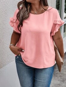 SHEIN Clasi Plus Size Women Textured Vacation Ruffle Sleeve Round Neck Blouse - Dusty Pink - View 3