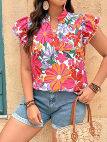 Breezaya Blusa con cuello en V, mangas con volantes y estampado floral para mujer de talla grande - Multicolor - Ver 1