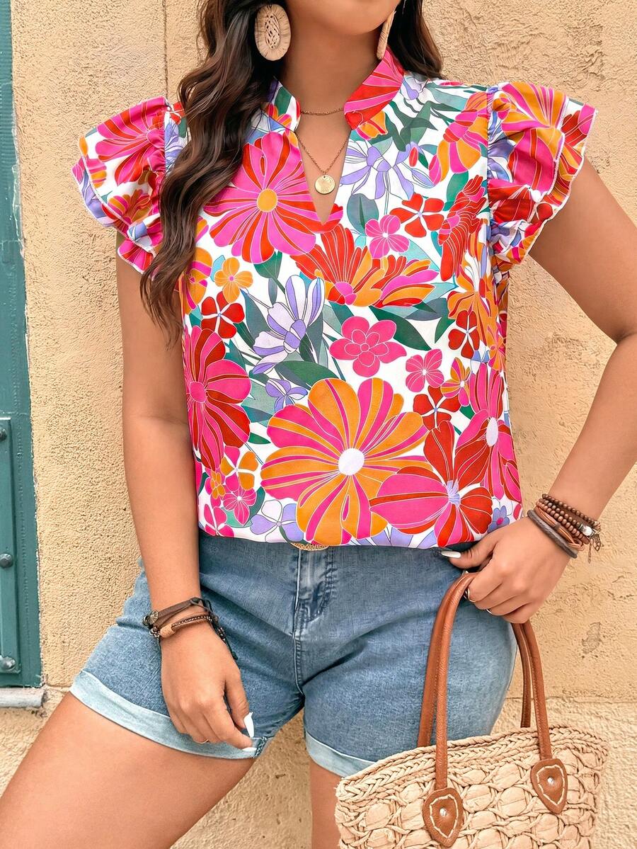 Breezaya Blusa con cuello en V, mangas con volantes y estampado floral para mujer de talla grande - Multicolor - Ver 1