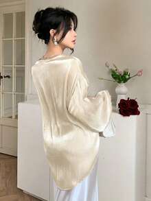 DAZY Áo sơ mi voan màu be với vạt áo bất đối xứng, kiểu dáng thanh lịch, cổ bèo nhún, tay dài, thích hợp cho mùa xuân hè, phù hợp cho các buổi hẹn hò, đám cưới, kỳ nghỉ. - trắng - Xem 3