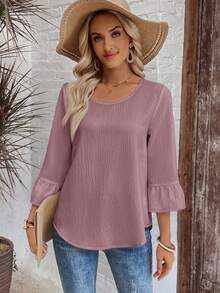 EMERY ROSE Blusa de mujer de unicolor con cuello redondo y textura para vacaciones - Rosa vieja - Ver 5