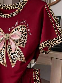 Vintage Cute Leopard Print Bow Pattern, Young Girl Casual Minimalist Short Sleeve T-Shirt And Shorts Set - Multicolor - View 3