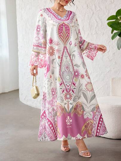 Yasmyna V-Neck Floral Sleeve Trim Patchwork Dress, Spring/Summer
