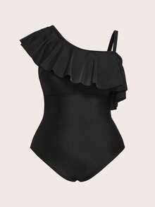 Swim Oasis 2026 大码女式纯色荷叶边连体泳衣，带罩衫和裙子 - 黑色 - 查看 7