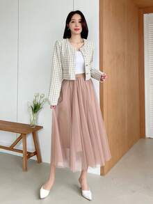 Dazy Designer Women Plaid Round Neck Short Length Long Sleeve High-End Jacket,Fall Women Clothes - Apricot - View 3