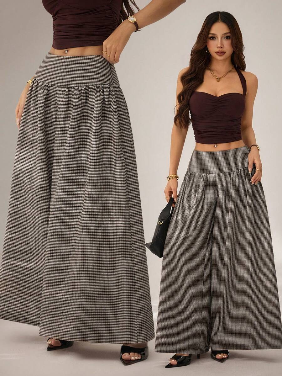 SHEIN PETITE Quần ống rộng kẻ caro dáng suông thoải mái cho nữ, quần ống rộng xếp ly, quần gingham, quần ống rộng mùa hè. - màu đen - Xem 1