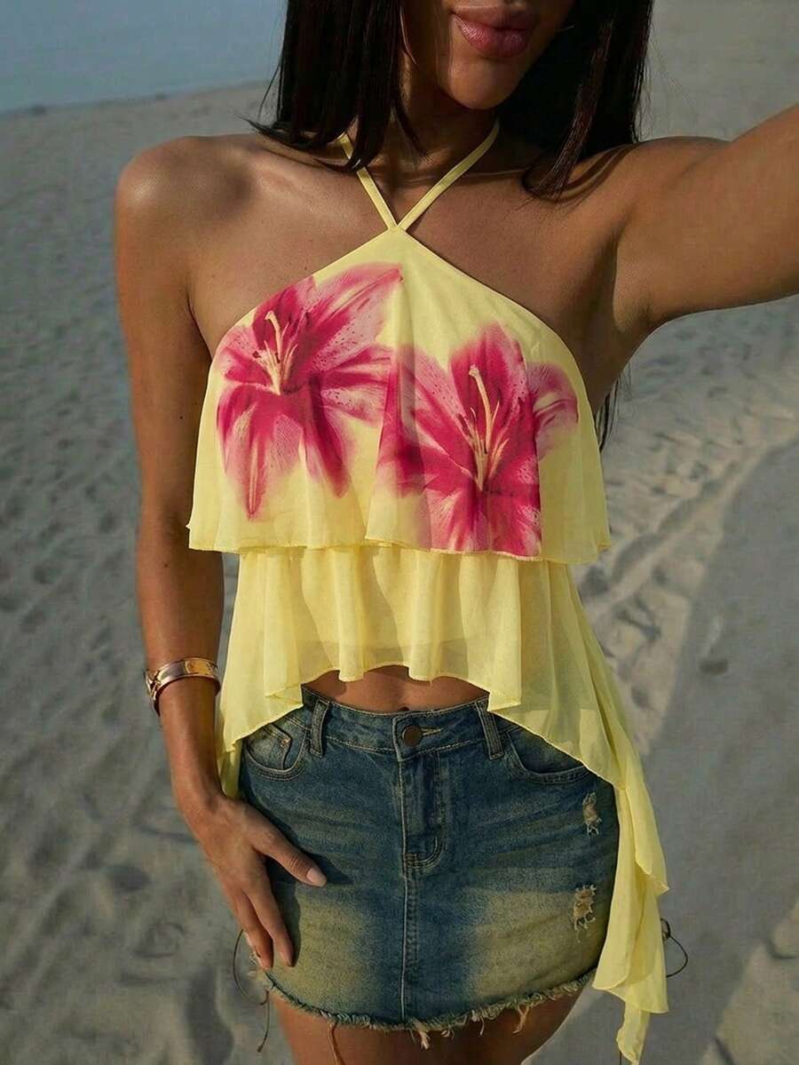 SHEIN ICON Áo thun nữ mùa hè in hoa, vạt lệch, buộc dây phía trước, kiểu dáng yếm, thích hợp cho kỳ nghỉ biển. - Màu vàng ngỗng - Xem 1