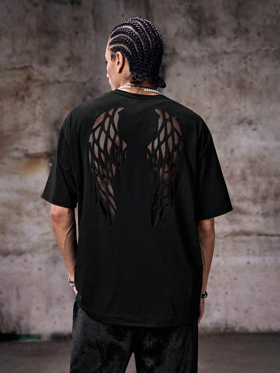 Skyrend Loose Fit Men's Wings Pattern Laser Cut Out Mesh Panel T-Shirt, Summeremo - Black - View 1