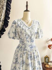 Vintamour Vintage French Classic Elegant Women's Dress, Spring/Summer Fitted Floral Collar White Short Sleeve Flared For Women Ruffle Vacation - Blue and White - View 1
