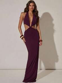 SHEIN BAE Đầm hở lưng gợi cảm thanh lịch dành cho nữ - Màu đỏ tím - Xem 1