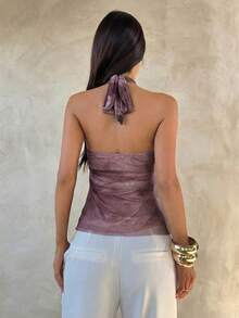Aloruh Women's Elegant Multi-Layer Ruffle Trim Stand Collar Fitted Tank Top,Summer Top - Dusty Pink - View 2