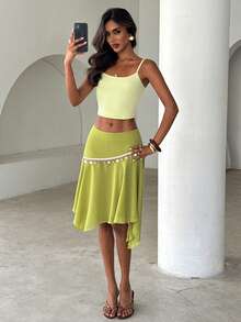 Aloruh Women's Light Green Chiffon Midi Skirt,Patchwork Sequin Shell Webbing Asymmetrical Hem,Boho Summer Beach Vacation Holiday Tropical Outfits - Green - View 5