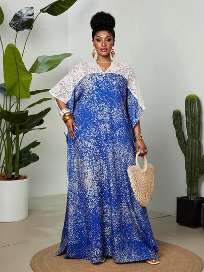 Maweii Plus Size Women White Lace Patchwork Dress, Batwing Sleeve Robe, Loose Long Dress, Cover Up Style Dress, Split Maxi Robe, Beach Holiday
