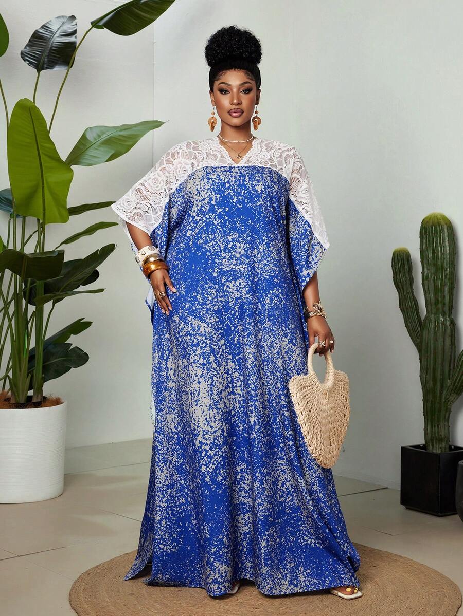 Maweii Plus Size Women White Lace Patchwork Dress, Batwing Sleeve Robe, Loose Long Dress, Cover Up Style Dress, Split Maxi Robe, Beach Holiday,Holiday Outfts For Women,Casuallong Dresses,Blue Dress - Blue - View 1