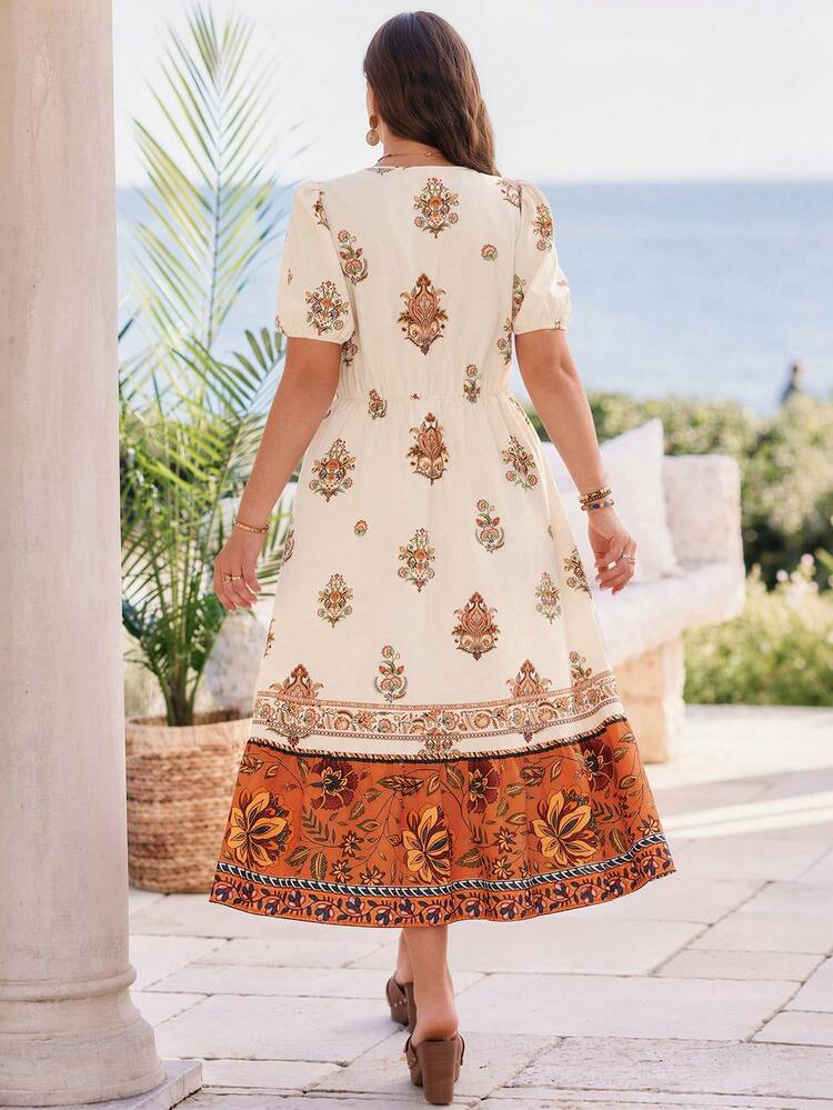 Plus Size Women Floral Print Petal Sleeve Elegant Dress