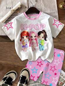 Young Girl Cartoon Letter Print Round Neck Short Sleeve T-Shirt And Shorts Casual Daily Outfit - Multicolor - View 2