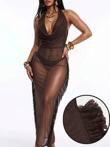 Oceva Women's Halter Tie Neck Fringe Design Vacation Date Beach Vacation Rave Beach Club Dress Brown Summer Techno - Brown - View 1