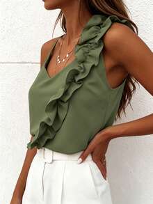 EMERY ROSE Women's Sweet V-Neck Ruffle Trim Sexy Backless Camisole - Army Green - View 3
