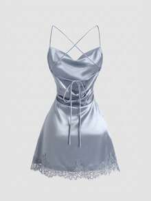 Sweetra New Satin Mini Dress With Contrast Lace, Coffee Color, Suitable For Party Wear - Blue - View 2