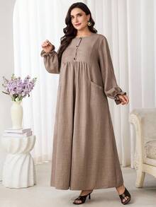 Al Najma Plus Size Women's Solid Color Button Half-Placket Flare Sleeve Arabic Style Dress, Versatile - Khaki - View 3