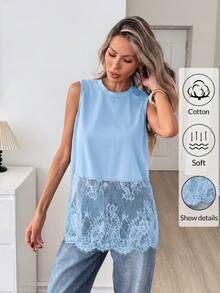 Easowa Áo tank top nữ không tay cổ tròn viền ren bằng cotton, thích hợp cho mùa xuân/hè. - Màu xanh nhạt - Xem 2