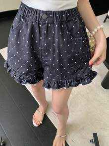 DAZY Quần short denim nữ in chấm bi, có túi, viền bèo nhún và cúc cài. - màu đen - Xem 2