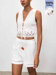 Maija Quần short nữ mùa hè, đính hạt cườm, có dây rút ở eo. - trắng - Xem 1