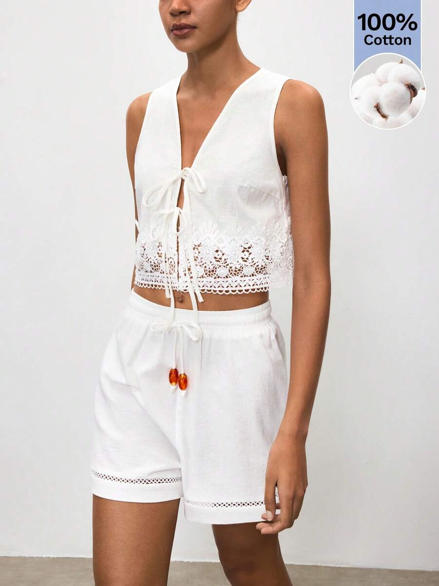 Maija Quần short nữ mùa hè, đính hạt cườm, có dây rút ở eo. - trắng - Xem 1