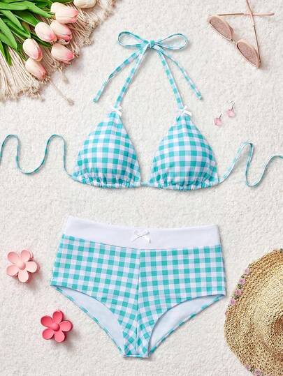 SHEIN MOD Bộ bikini cổ yếm kẻ caro mùa hè dành cho bãi biển