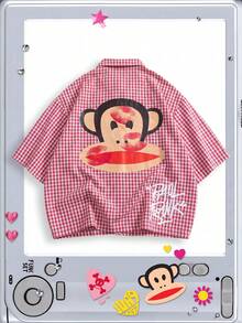 ROMWE MEN Paul Frank X ROMWE Áo sơ mi nam tay ngắn kẻ caro và in chữ - Đỏ và trắng - Xem 1
