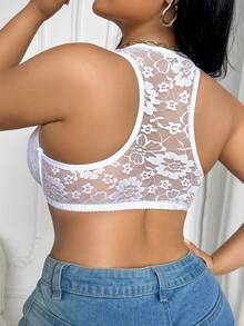 DesireSculpt Plus Size Women Elegant Floral Lace Front Closure Bra, Supportive Underwire Deep V Bra, Comfortable Racerback Lingerie - Bridal Edition - White - View 2