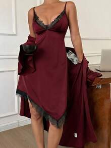 DAZY 2pcs Women's Summer Satin & Lace Patchwork Ruffle Sleeve Robe Set, Adjustable Waist Camisole Shorts Pajama Suit - Burgundy - View 7