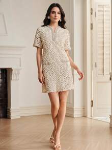Anewsta Summer French Romantic Elegant High-End Lady-Like Handmade Pearl Embellished Dress Tea Party White Sequin - Apricot - View 4