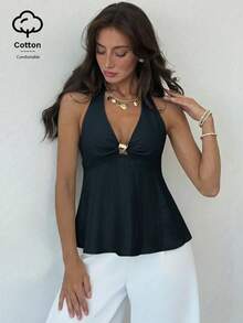 Aloruh Women's Linen Metal Decor Waist A-Line Shirt, Spring/Summer,Summer Top - Navy Blue - View 7