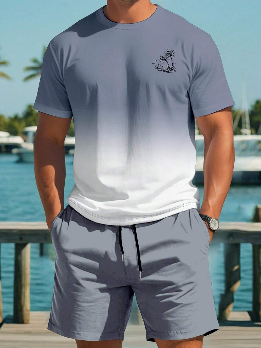 Manfinity RSRT Bộ đồ nam gồm áo thun ngắn tay và quần short có túi, dây rút, in hình cây dừa theo phong cách ombre. - Nhiều màu - Xem 1