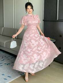 DAZY Textured Elegant Waist-Cinched Casual Long Dress For Women, Spring Summer Party Dusty Pink Sundress - Pink - View 4