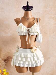 Bellisia 26SS Backless Spaghetti Strap Floral Lace-Up Sexy 3 PiecesBikini Set For Vacation - White - View 1