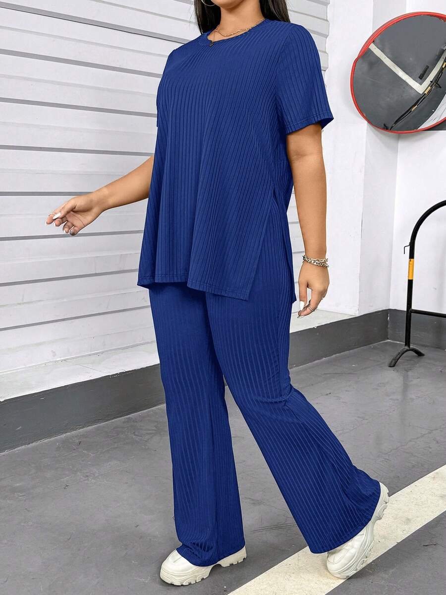 SHEIN Essnce Damen Mode Große Größen Frühling und Sommer Lässiger Sport Komfort Hoch Elastisch Schwarz Grundlegender Stil mit Taschen Tägliches Kurzarm T-Shirt und Hose Zweiteiler Set, Flughafen Outfit für Damen, Hosenanzug, Streetwear, Kirchenkleidung für Damen, Loungewear für Damen, Y2K Kleidung, Sommer Outfits für Damen - Königsblau - Übersicht 1