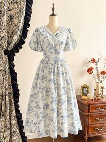 Vintamour Vintage French Classic Elegant Women's Dress, Spring/Summer Fitted Floral Collar White Short Sleeve Flared For Women Ruffle Vacation - Blue and White - View 3