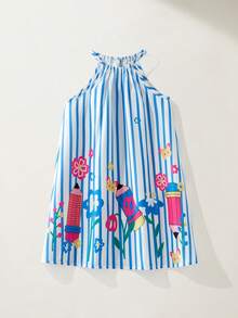 Maija Kids Maija Kids 一件儿童/少女优雅学院风休闲宽松蓝白条纹连衣裙，饰有彩色花朵和铅笔印花，适合日常穿着、聚会、返校、休闲活动以及春夏季节。 - 藍白色 - 查看 2