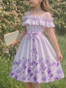 1pc Tween Girl Elegant Floral Digital Print Off-Shoulder Ruffle Adjustable Strap Dress With Satin Belt, Suitable For Daily Wear, Party, Vacation, Casual - Mauve Purple - View 1