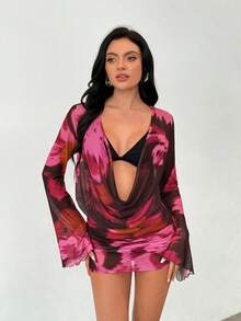 SHEIN 玫红色花卉印花深V喇叭袖网纱透视迷你连衣裙，女士罩衫，沙滩装，性感网纱修身迷你连衣裙罩衫，性感透视，性感度假装 - 彩色 - 查看 1