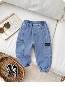 SHEIN Baby Boys' Casual Denim Jogger Pants With Elastic Cuffs - Light Wash - View 8